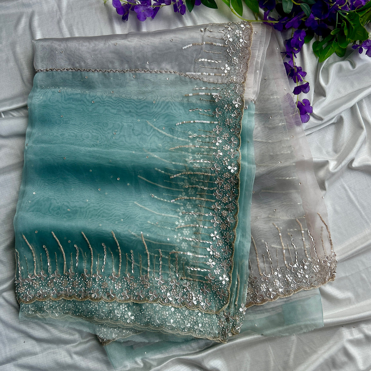 Aqua and Perl Colour Hand Embroidery on Organza Sari — view 7