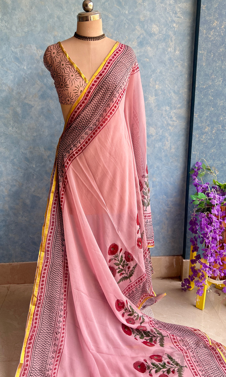 Chiffon Handblock Printed Saree