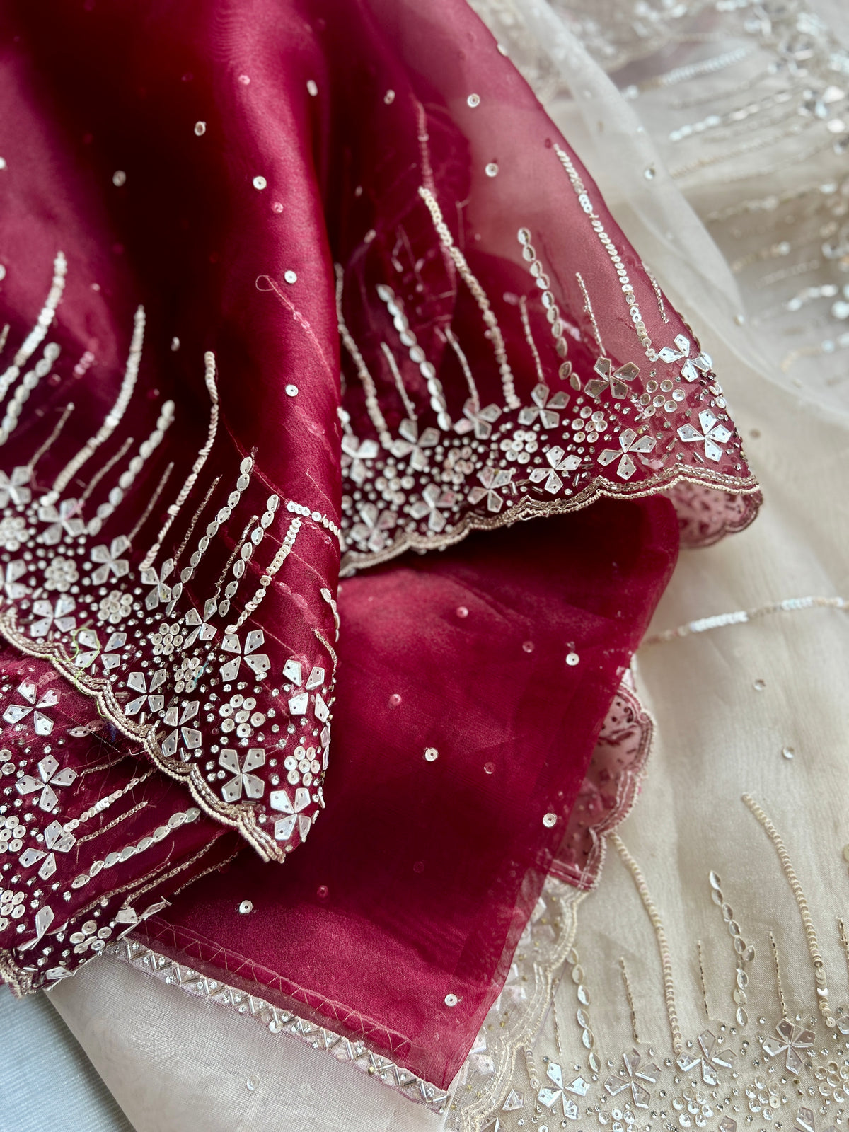 Maroon and Perl Colour Hand Embroidery on Organza Sari — view 5