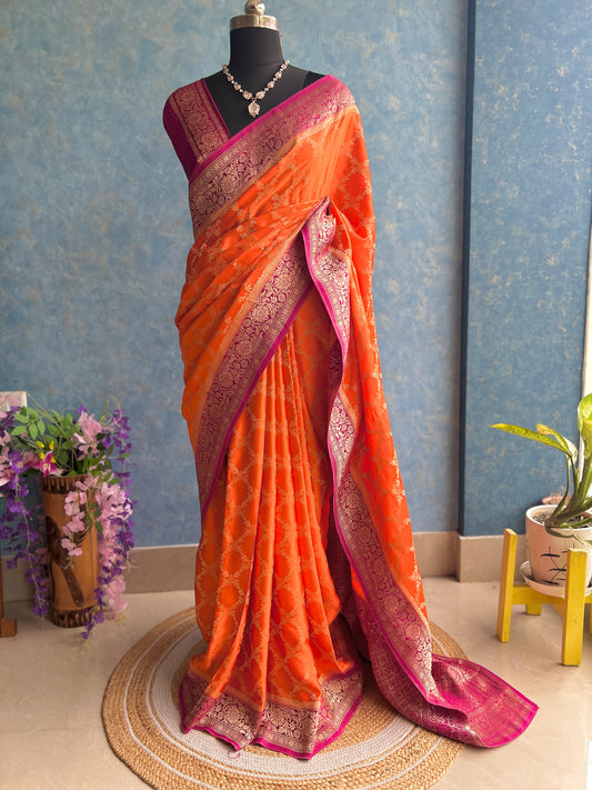 Pink Orange Shaded Crepe Banarasi Sari