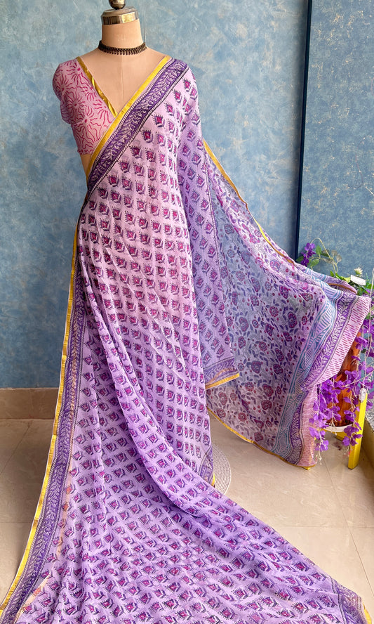 Purple Chiffon Handblock Printed Saree