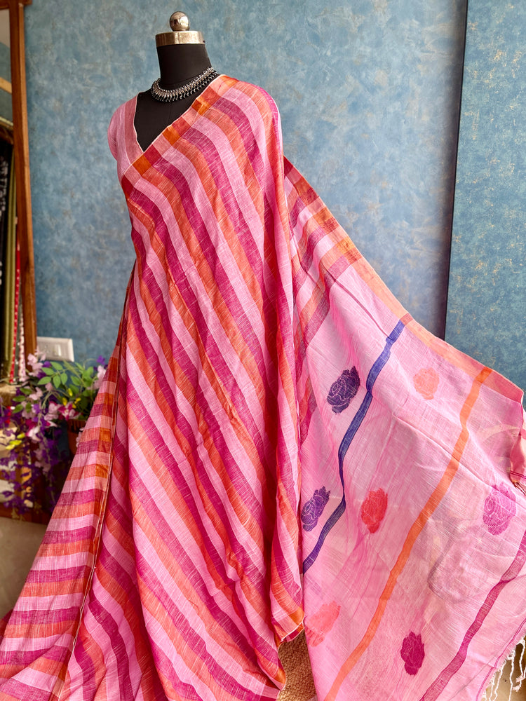 Multi Shades Linen Handloom Saree