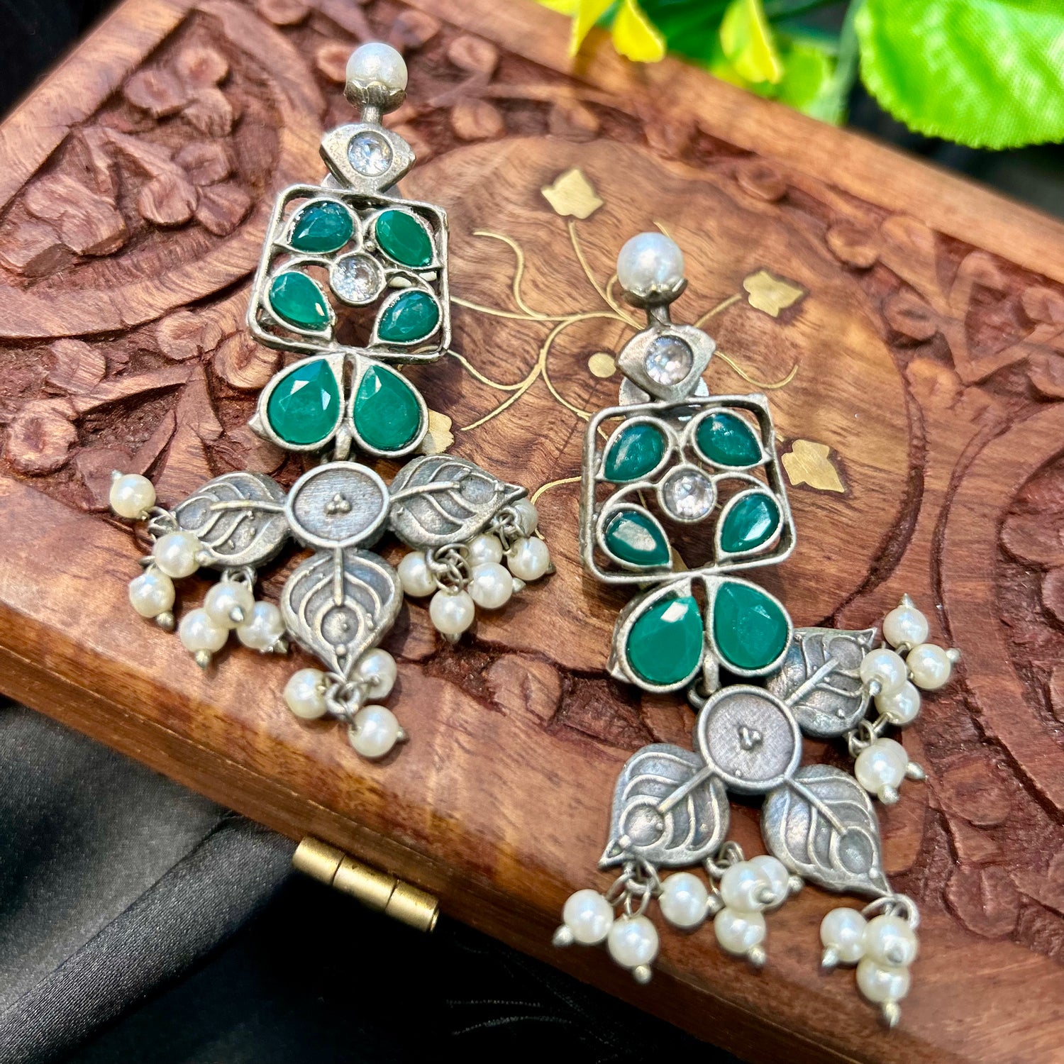 Green Silver Oxidised Earrings