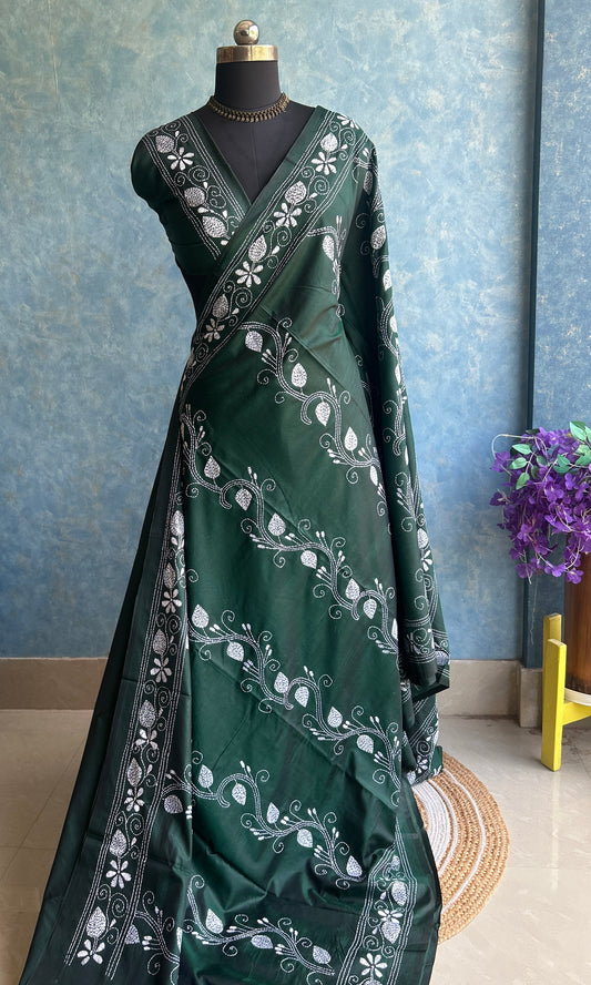 Bottle Green Kantha Saree