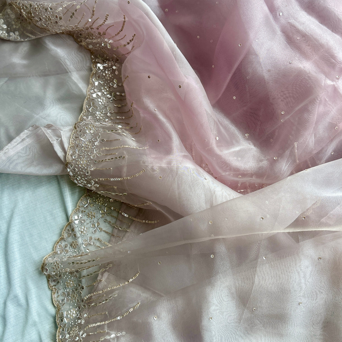 Plum and Perl Colour Hand Embroidery on Organza Sari — view 8