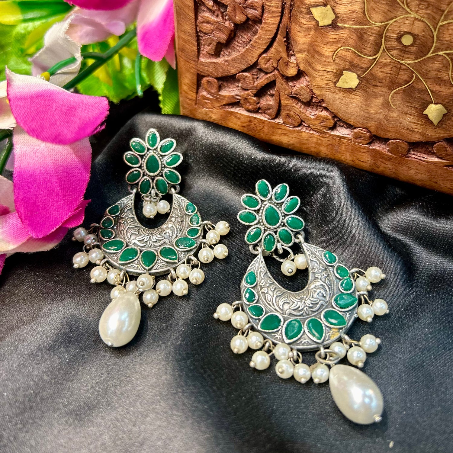 Green Stone Oxidised Earring — view 2