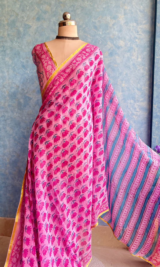 Pink Chiffon Handblock Printed Saree
