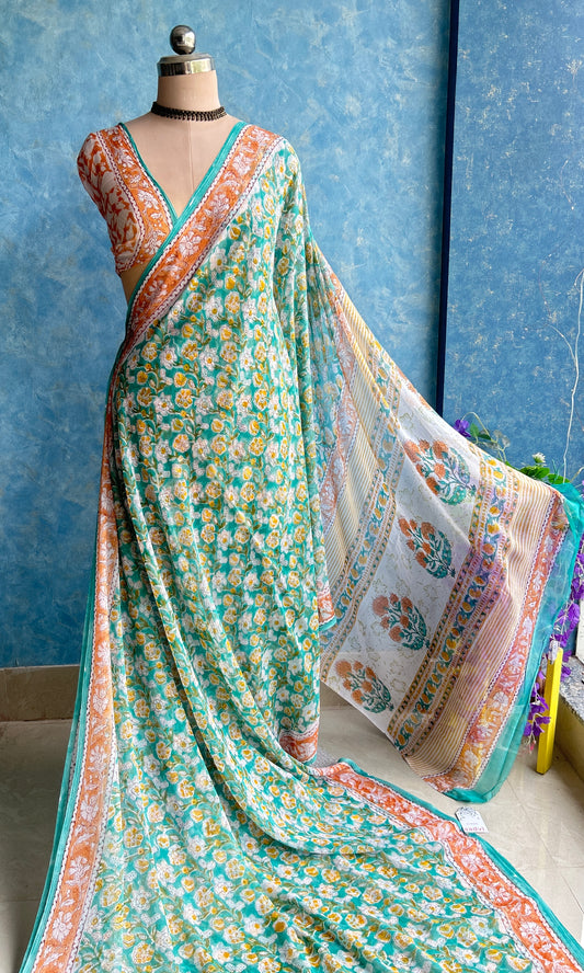 Green Chiffon Handblock Printed Saree
