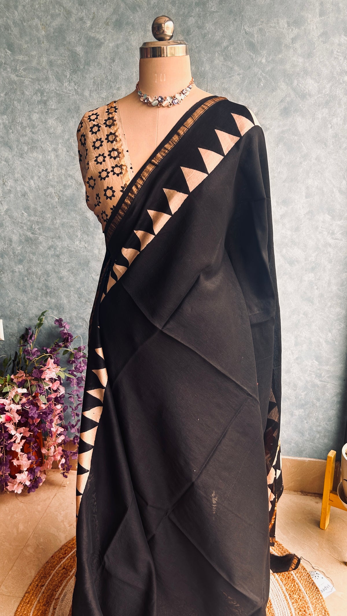 Black Hand Block Printed Chanderi Sari — view 4