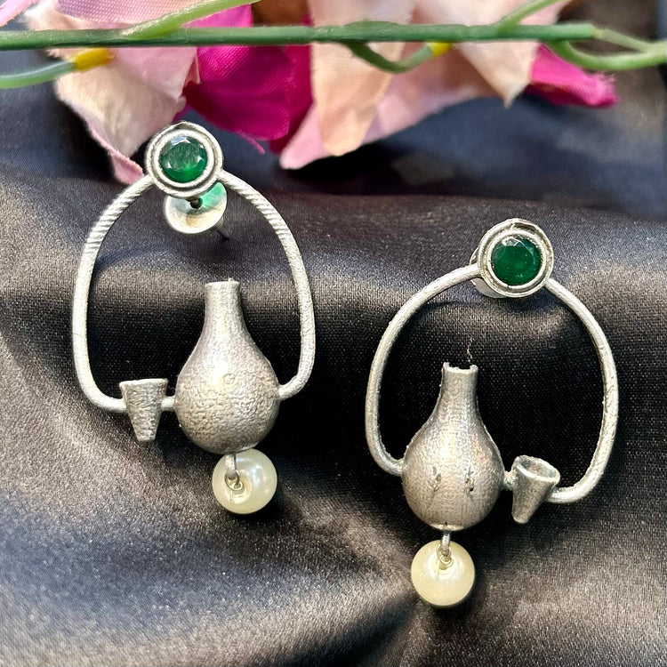 Green Stone Silver Oxidised Earrings