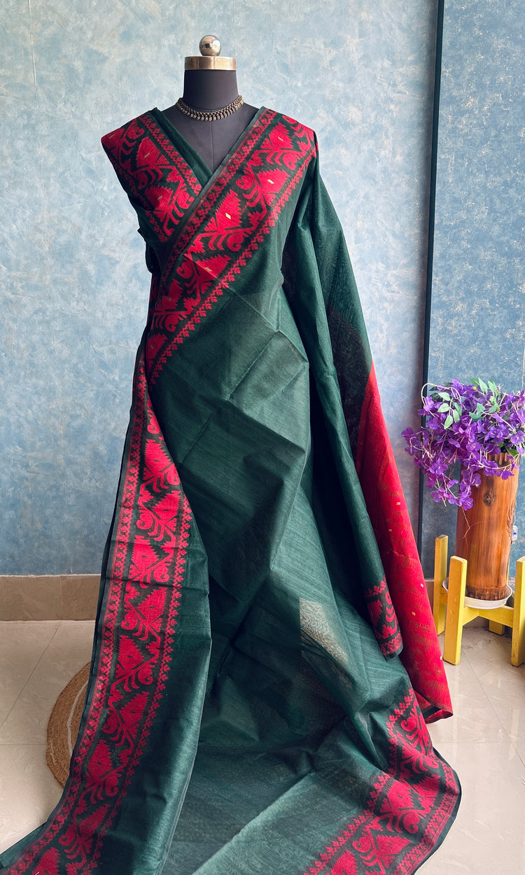 Deep Green & Red Bengal Cotton Jamdani