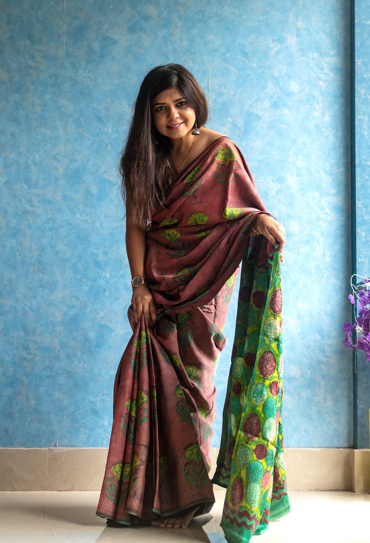 Autumn Leaf Modal Tussar Ajrakh Saree — view 5