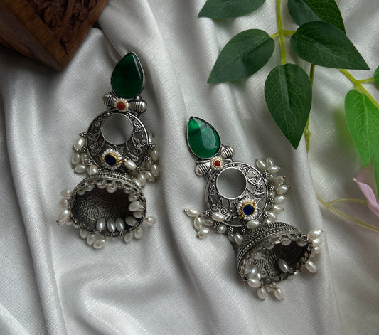 Green Silver Oxidised Jhumka