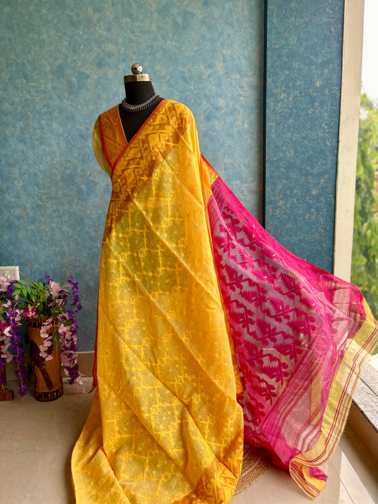 Yellow and Pink Soft Dhakai Jamdani