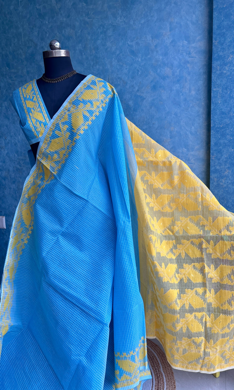 Sky Blue & Yellow Semi Hard Dhakai Jamdani