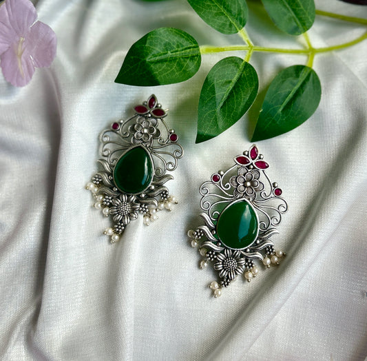 Opal Green Silver Oxidised Earrings