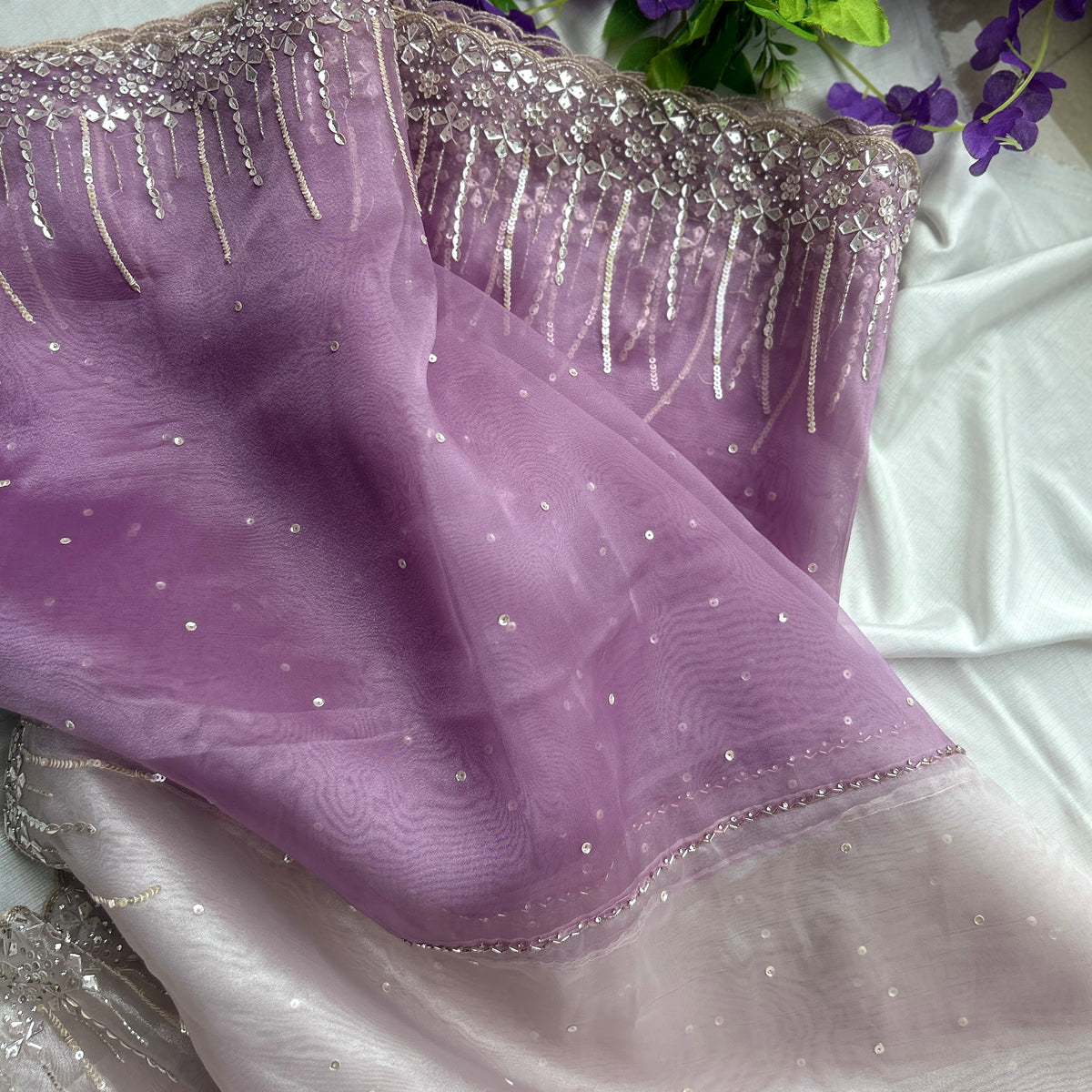 Mauve and Perl Colour Hand Embroidery on Organza Sari — view 7
