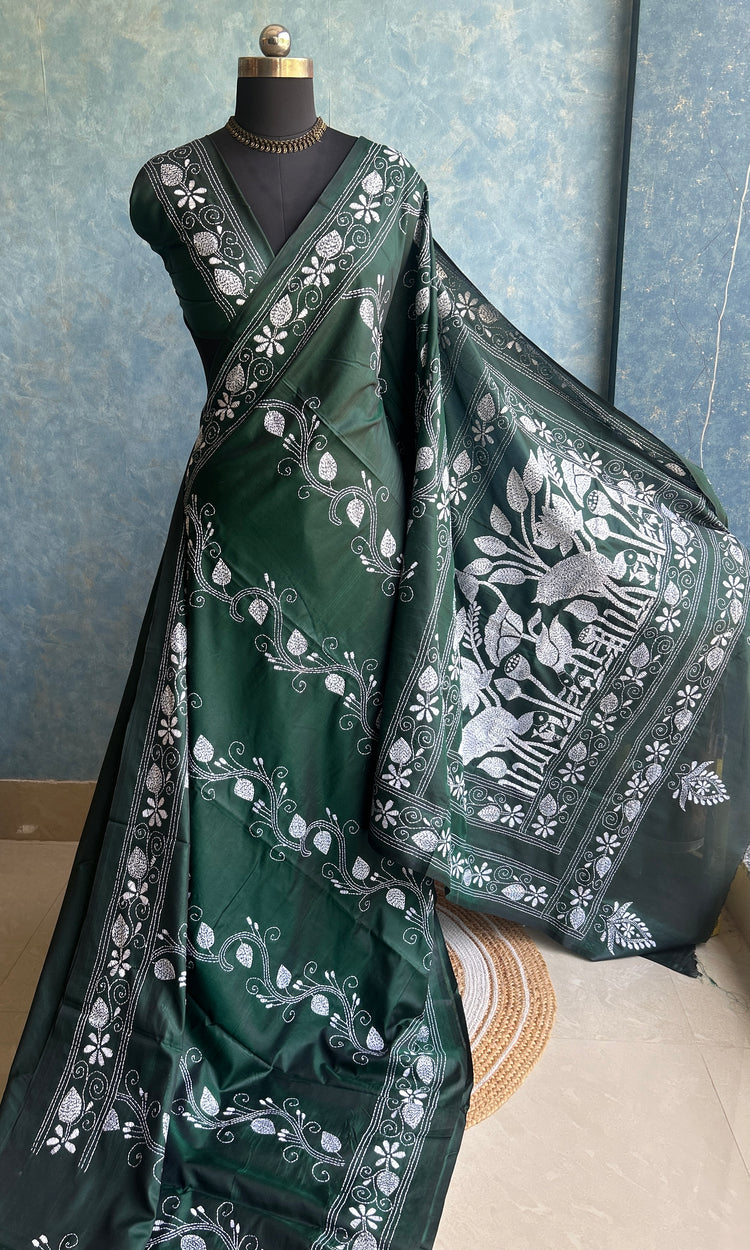 Bottle Green Kantha Saree