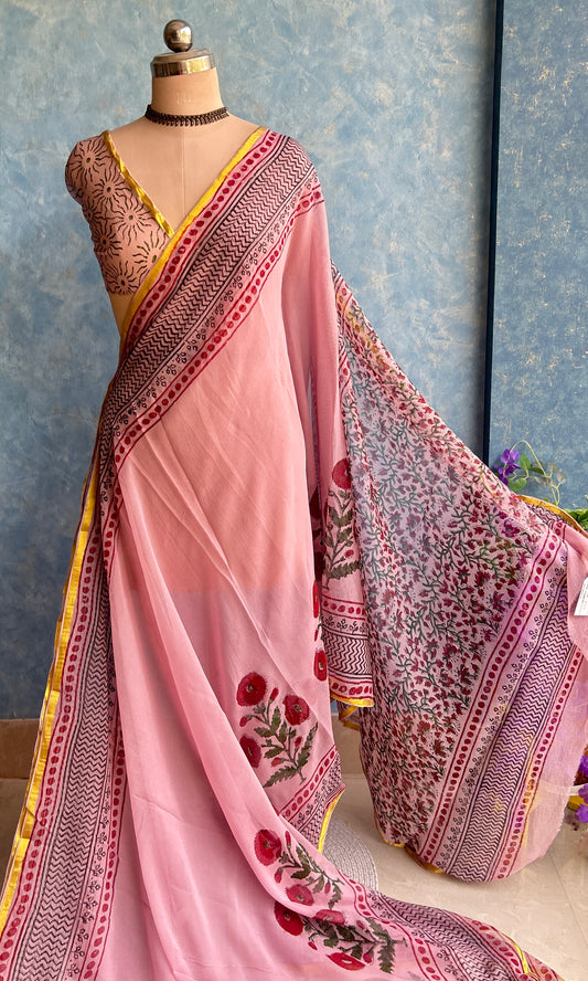 Chiffon Handblock Printed Saree