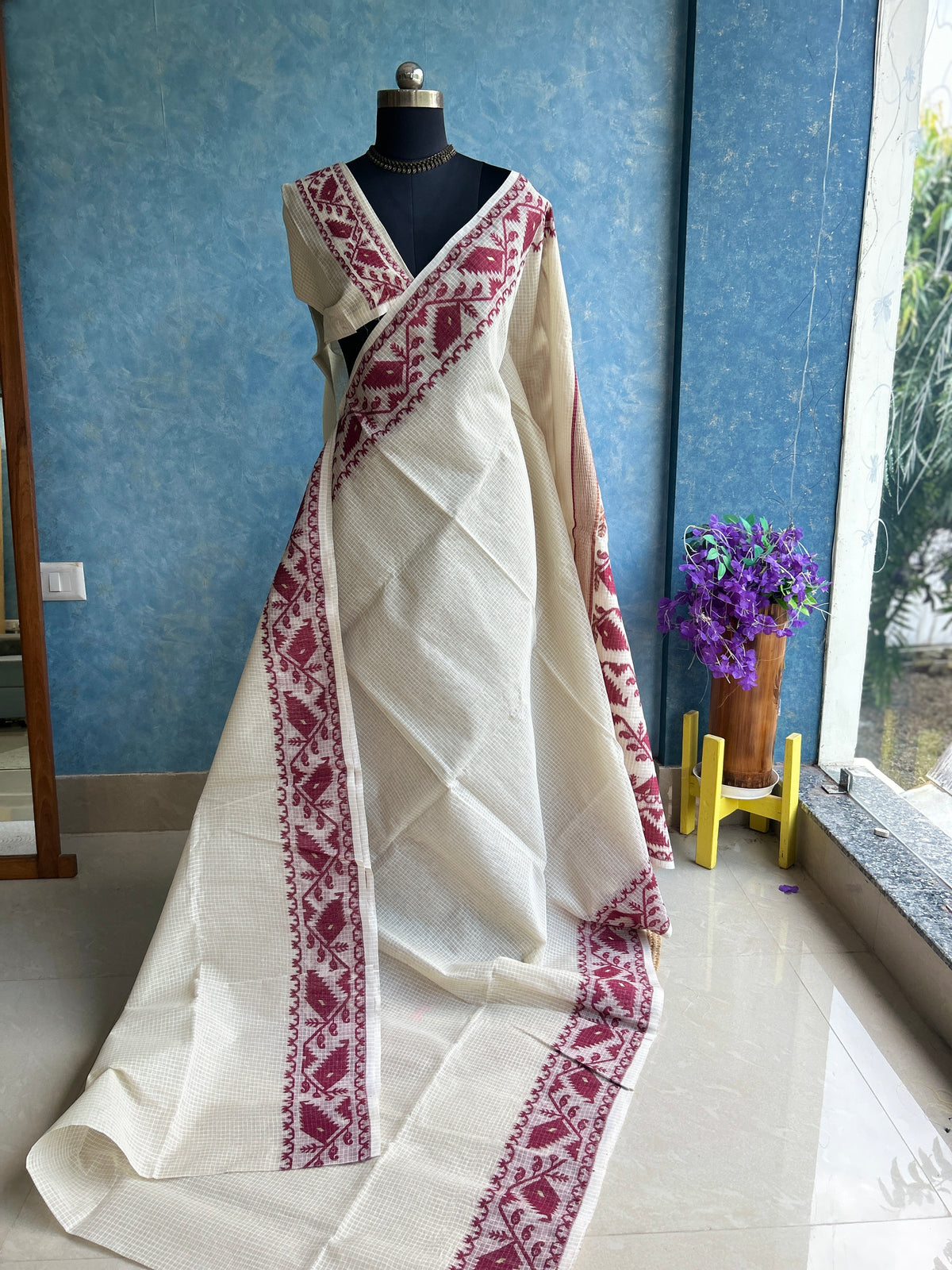 Off-White Maroon Traditional Jamdani — view 2