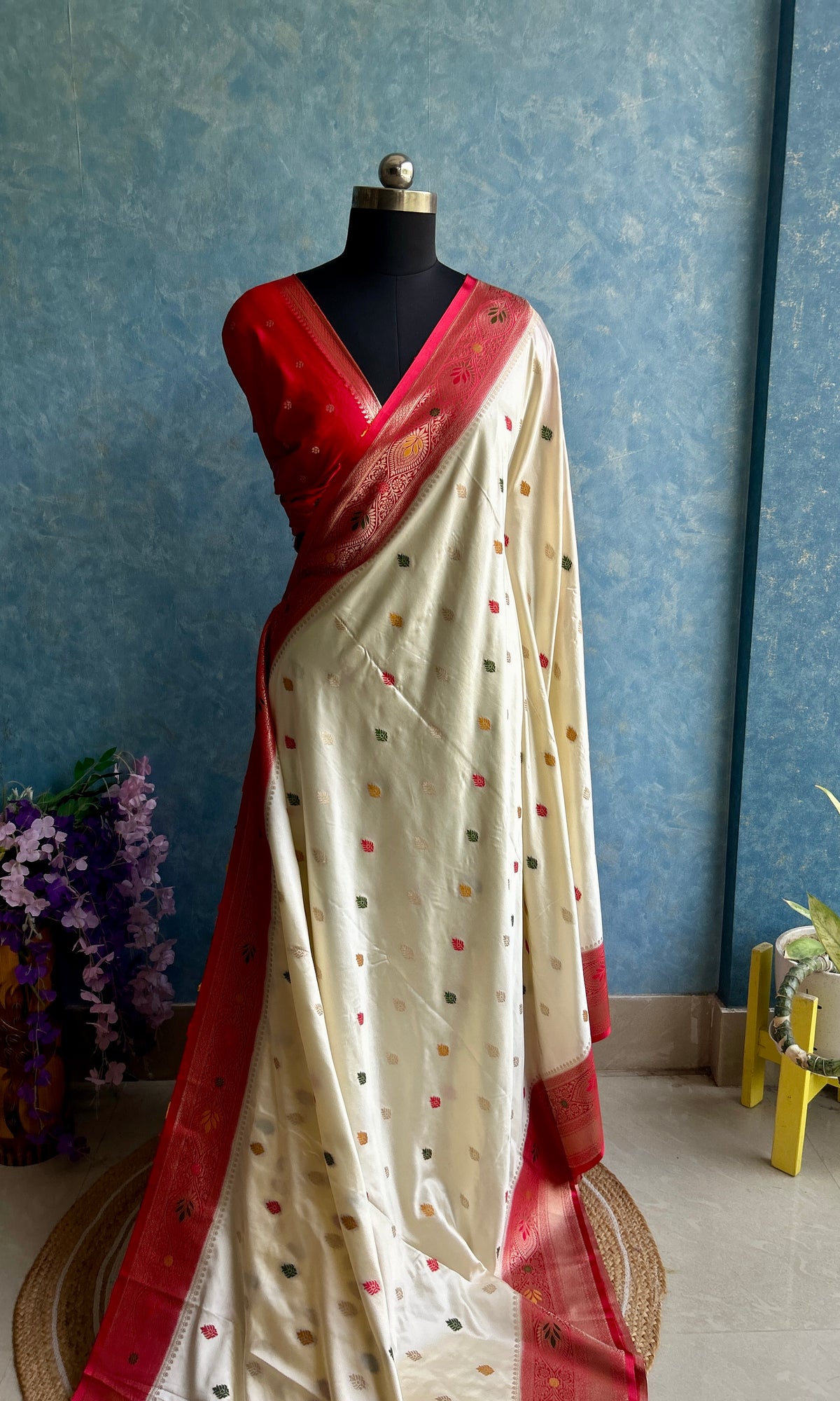 Golden Zari Red Masru Silk Sari — view 2