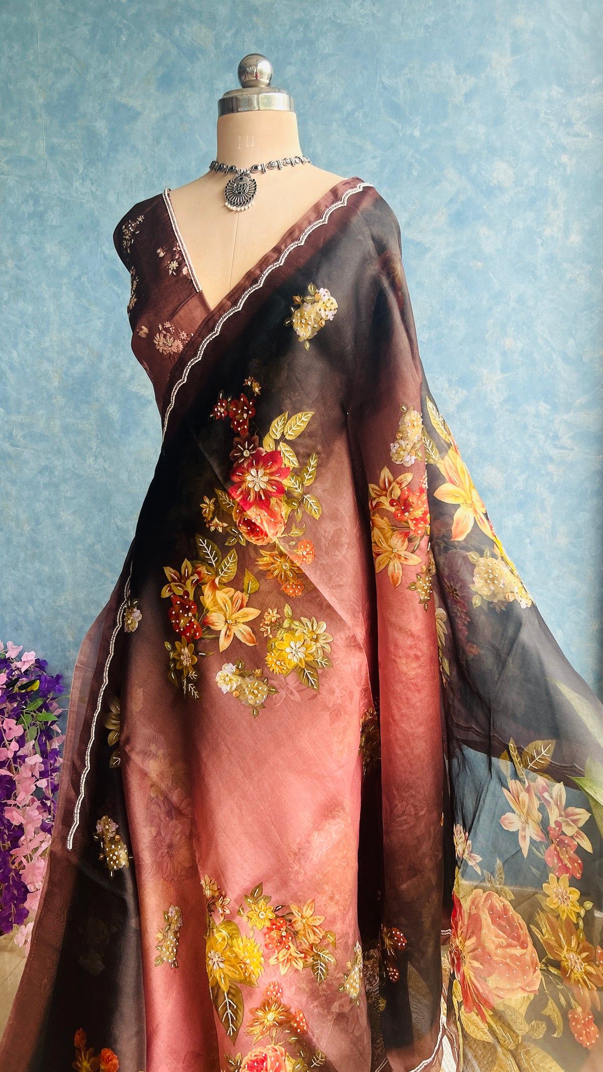 Cocoa and Rosy Color Kora Handwoven Pure Silk by Silk Sari — view 3
