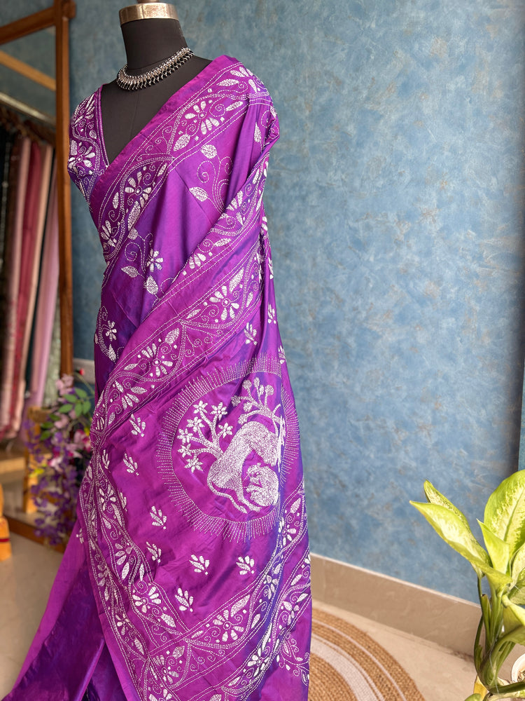 Orchid - Kantha Stitched Blended Silk Saree