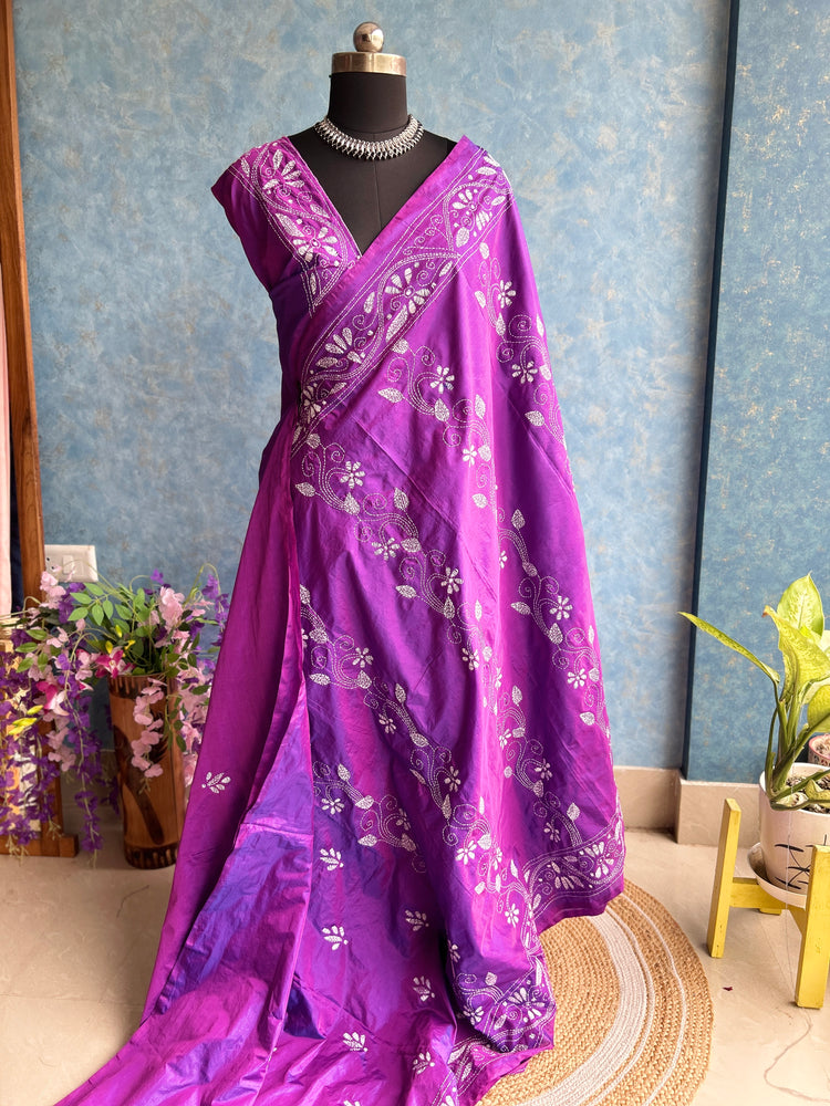 Orchid - Kantha Stitched Blended Silk Saree