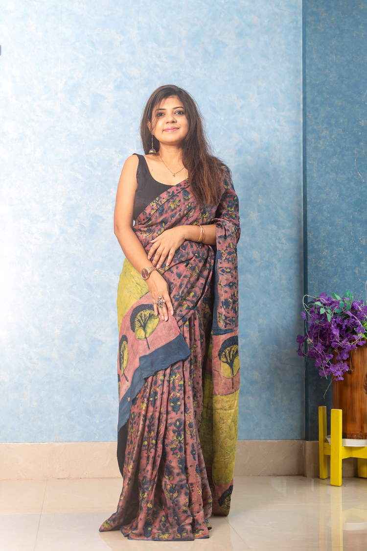 Dusty Rose Modal Tussar Ajrakh Saree