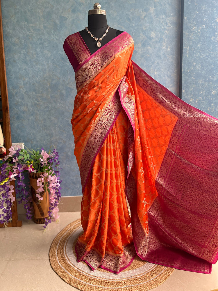 Pink Orange Shaded Crepe Banarasi Sari