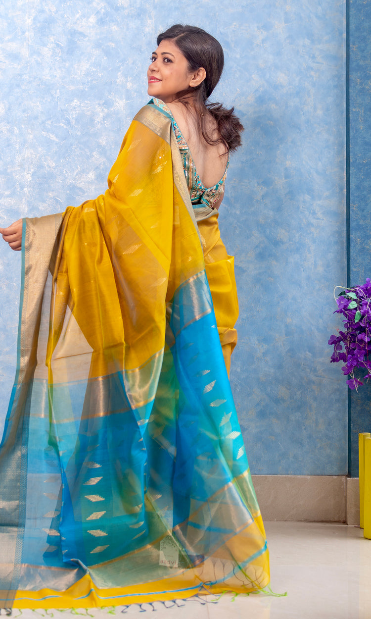 Pure Silk Handwoven Mustard Maheshwari Sari