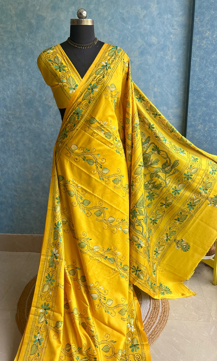 Sunshine Yellow Hand Kantha Saree