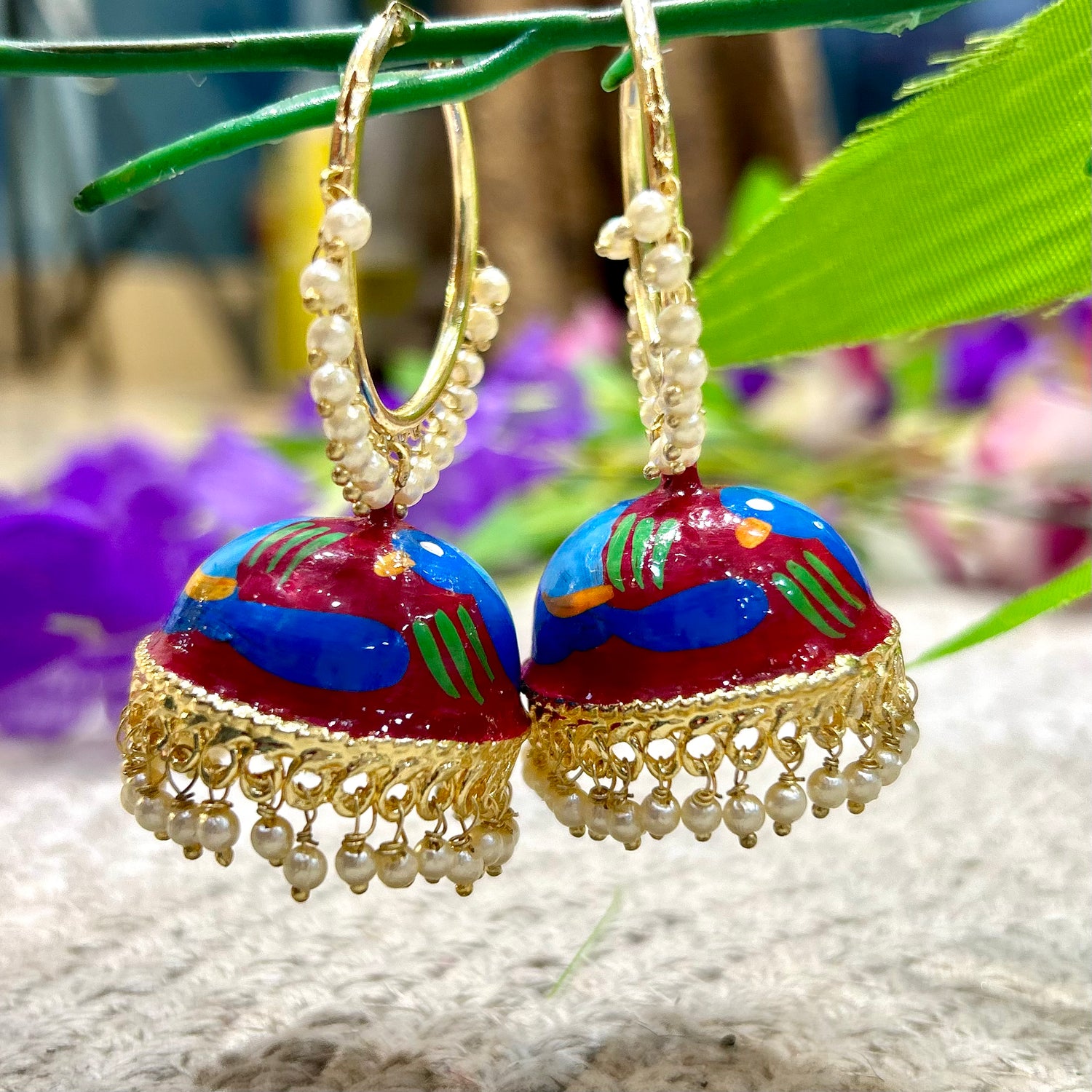 Maroon Hand Painted Jhumka — view 3