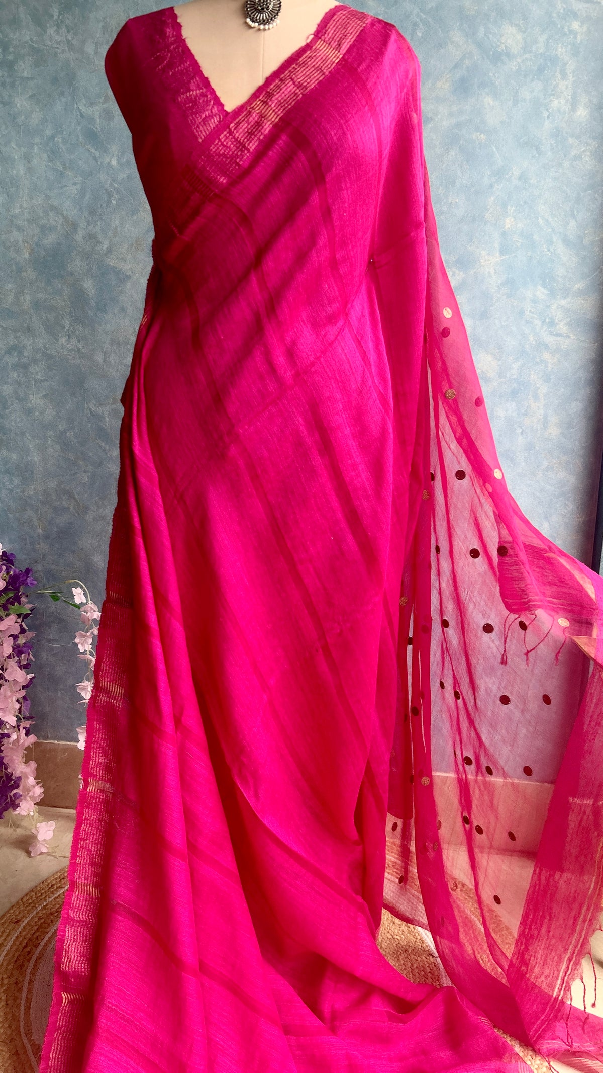 Magenta Handloom Matka Muslin Silk Sari — view 3