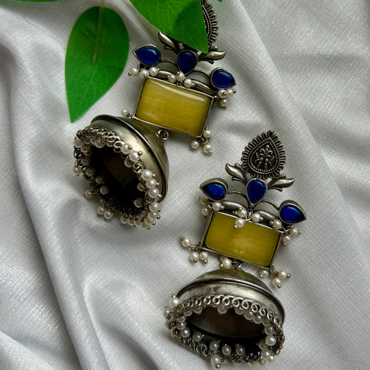 Yellow Silver Oxidised Jhumka