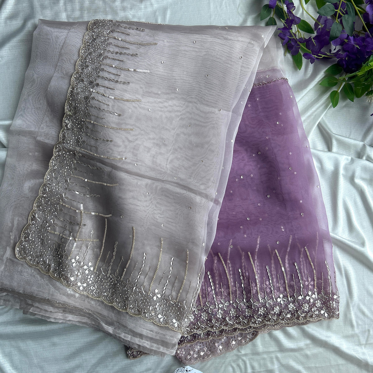 Mauve and Perl Colour Hand Embroidery on Organza Sari — view 6