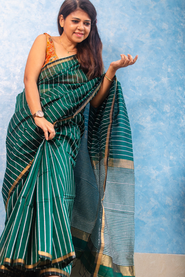 Pine Green Handwoven Maheshwari Sari