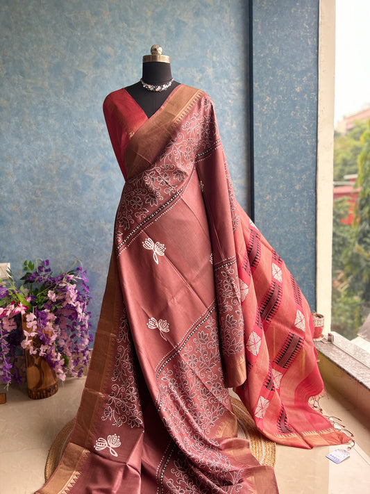 Cinnamon Handblock Bishnupuri Silk Sari