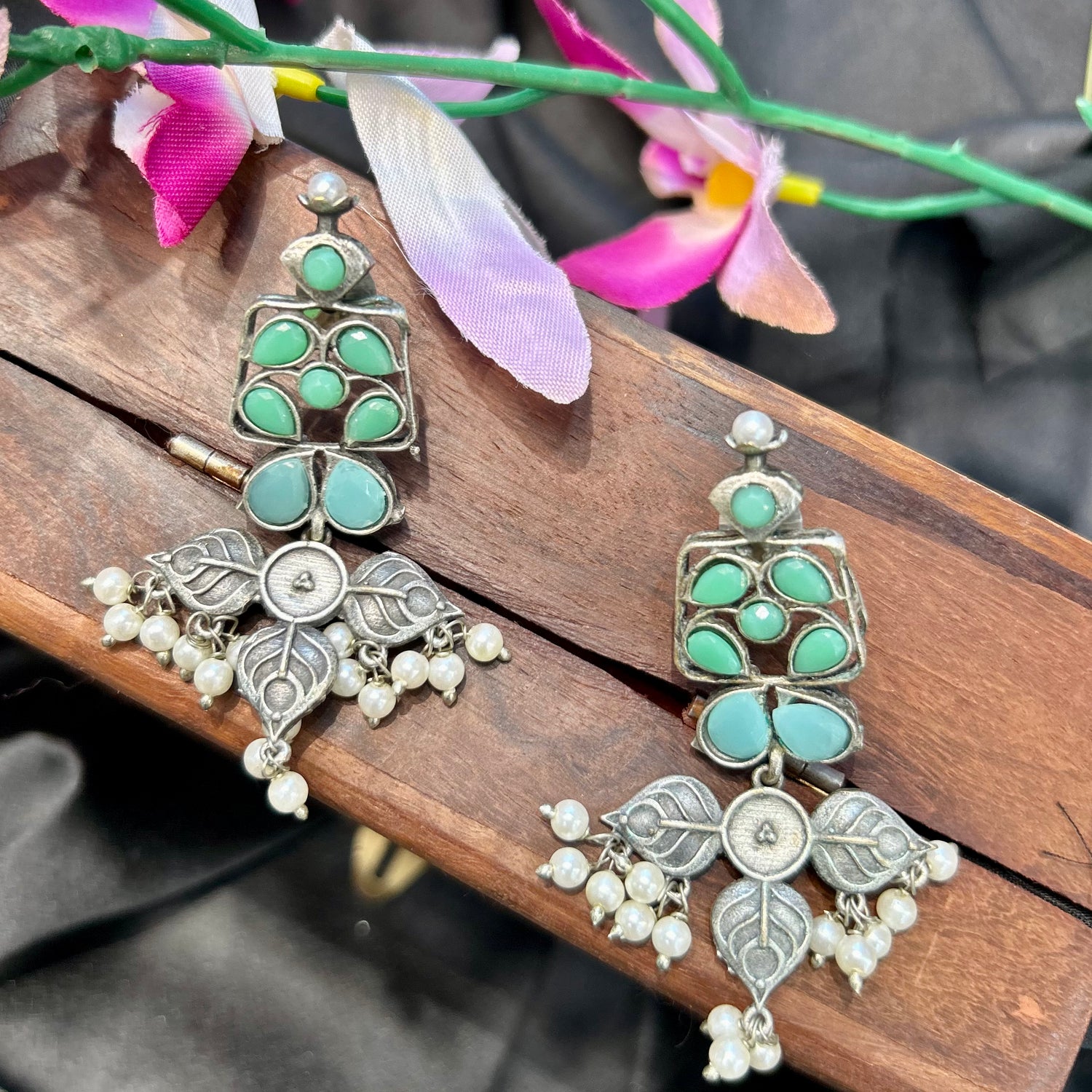 Pastle Green Silver Oxidised Earrings — view 3