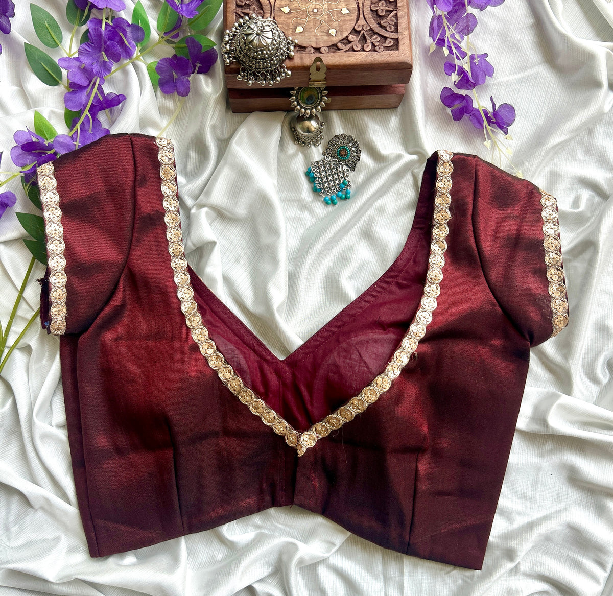 Maroon Tissue Designer Blouse — view 2