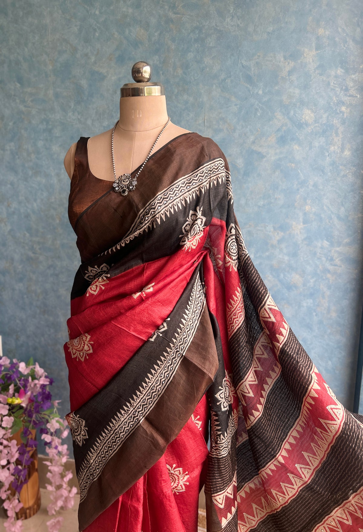 Red Black Handblock With Hand Embroidery on Pure Tussar Silk — view 4