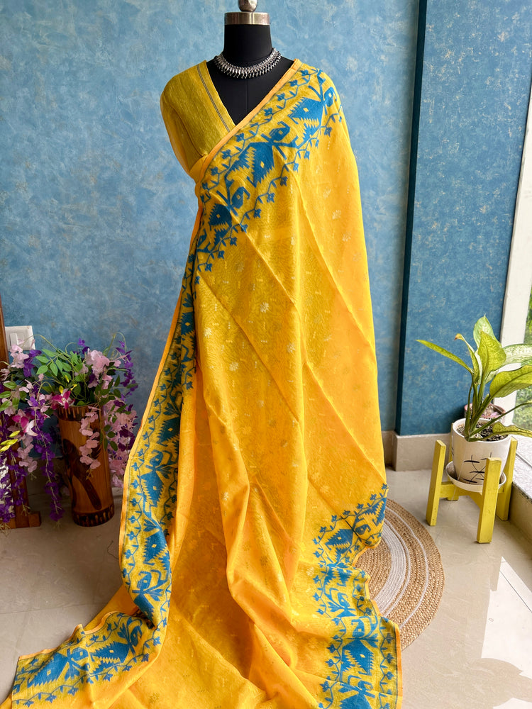 Yellow and Blue Soft Dhakai Jamdani