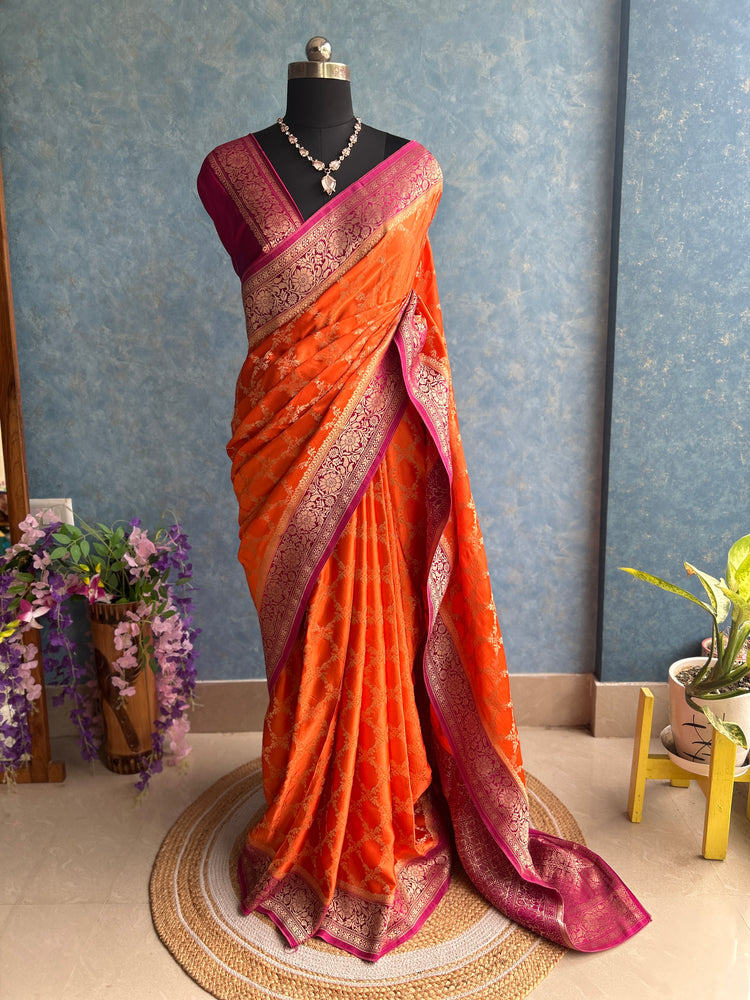 Pink Orange Shaded Crepe Banarasi Sari