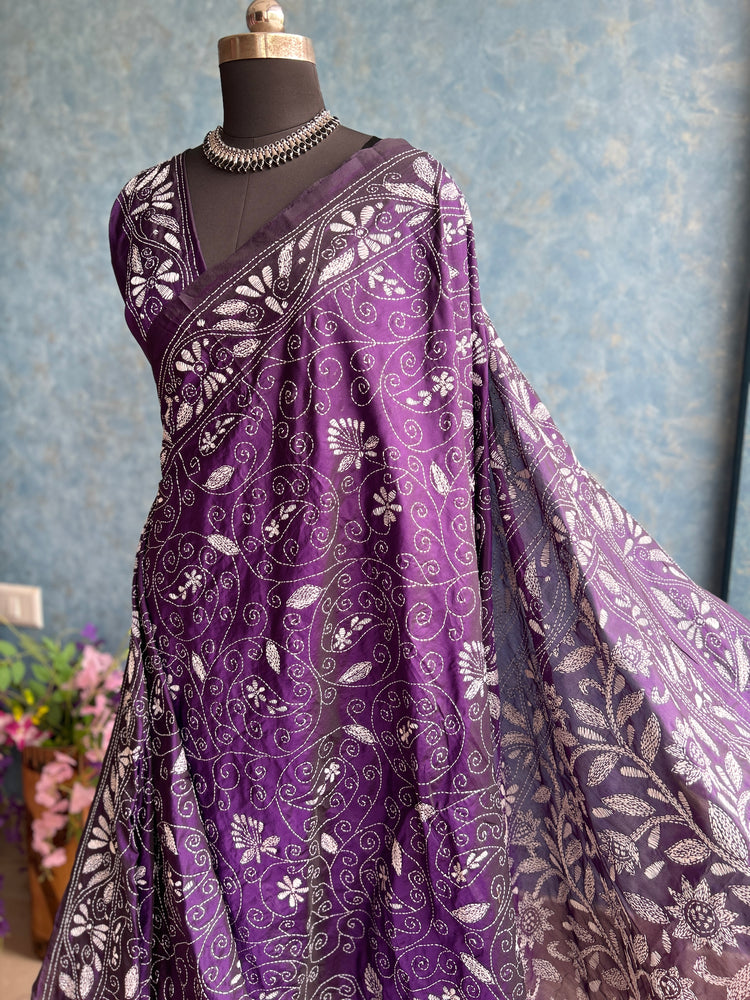 Mauve - Kantha Stitched Blended Silk Saree