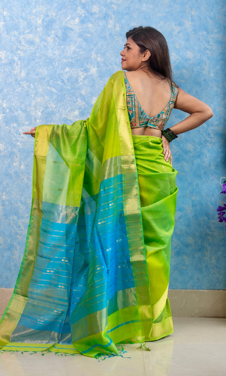 Pure Silk Handwoven Green Maheshwari Sari