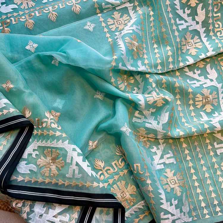 Mint Resham Silk Muslin Jamdani Saree