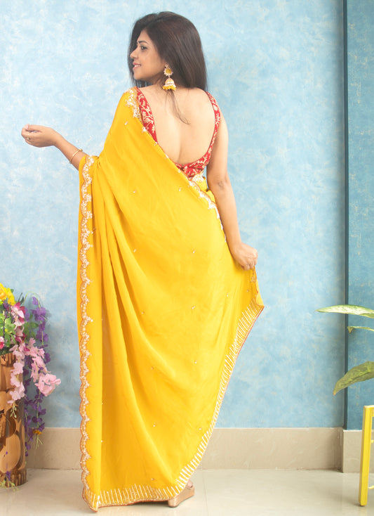 Yellow Crape Saree with Hand Embroidery Work