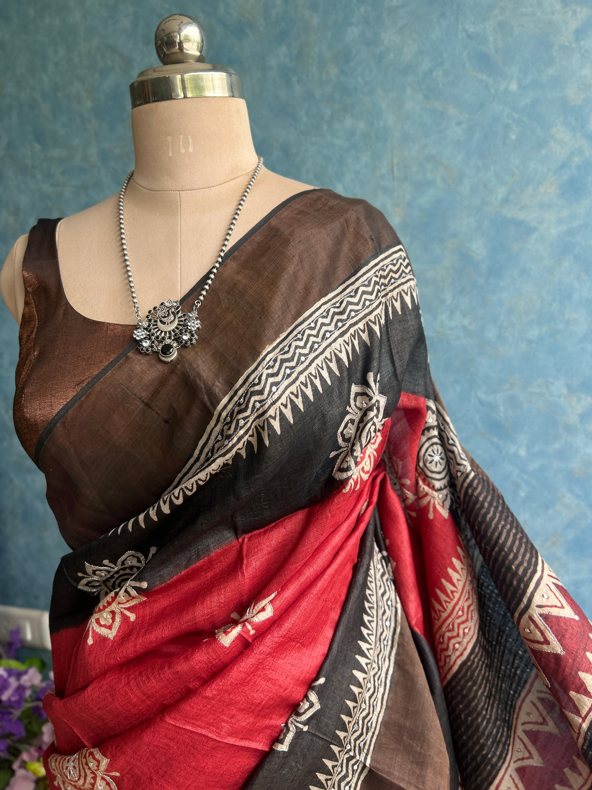 Red Black Handblock With Hand Embroidery on Pure Tussar Silk — view 2