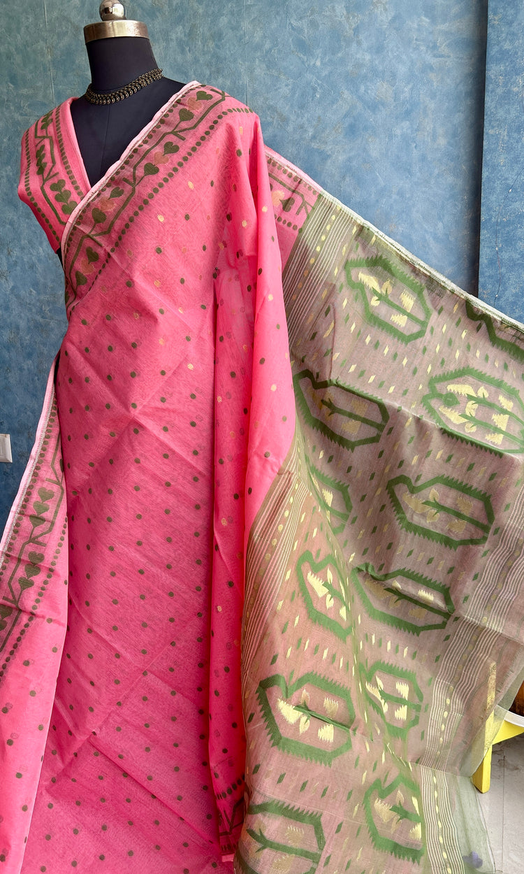 Coral Peach - Olive Bengal Jamdani