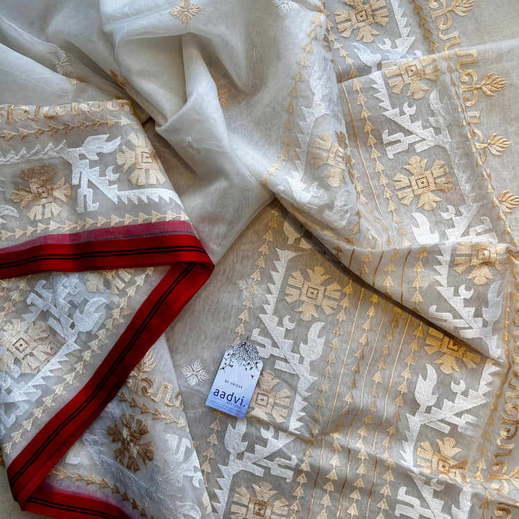 White Dove Resham Silk Muslin Jamdani Saree